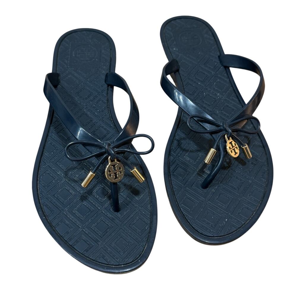 Tory Burch Jelly Bow Thong Sandals Women's Size 7 Gold Logo Flip Flops Summer
